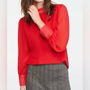 Ann Taylor Red Mixed Media Sheer Sleeve Blouse - Size M
